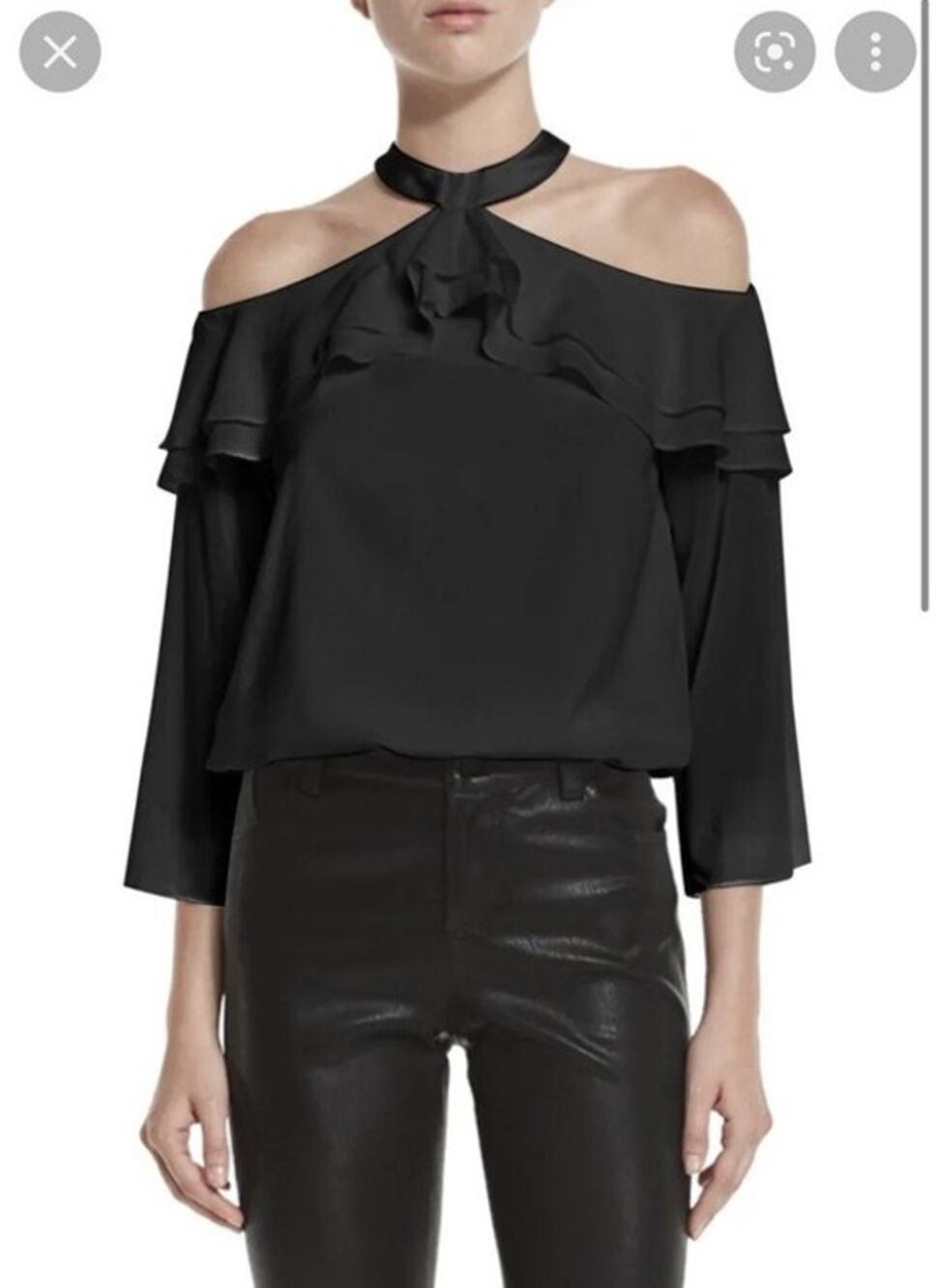 Alice + Olivia Top Layla Silk Cold Shoulder Ruffle Dark Romantic Black Size S